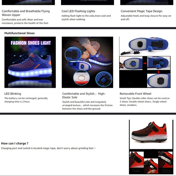 Unisex USB Rechargeable Roller Shoes LED Light Up Wheel Shoes Sneakers - Picture 7 of 7